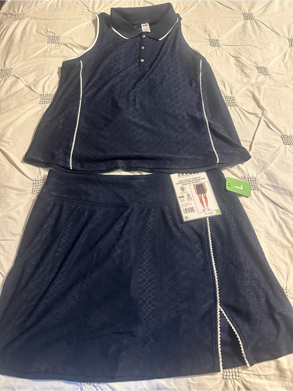 Girls Navy Eyelet Polo & Skort Set with White Trim